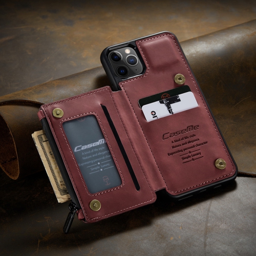 CaseMe Leather Zipper Wallet Card Slot Double Magnetic Clasp Shockproof Back Case Cover for iPhone 13 PRO -Red