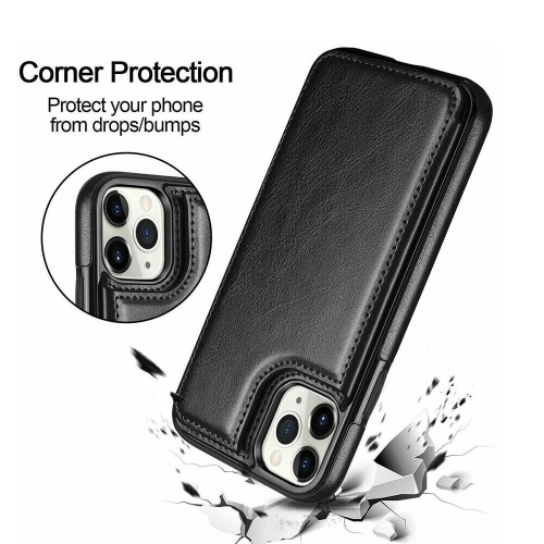 Loris & Case High Quality Leather Back Case Kickstand Shockproof Protective Card Holder Wallet Cover Case for iPhone 13 -Black