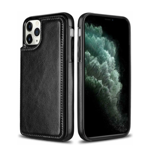 Loris & Case High Quality Leather Back Case Kickstand Shockproof Protective Card Holder Wallet Cover Case for iPhone 13 -Black