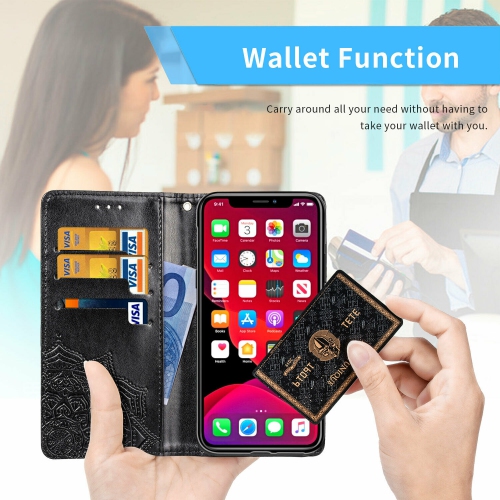 MyCase Wallet Case Emboss Mandala Flower Pattern Flip Case PU Leather Magnetic Kickstand Cover with Card Slots Shockproof Protective Cover for iPhone