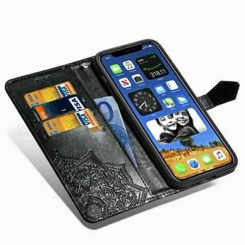 MyCase Wallet Case Emboss Mandala Flower Pattern Flip Case PU Leather Magnetic Kickstand Cover with Card Slots Shockproof Protective Cover for iPhone