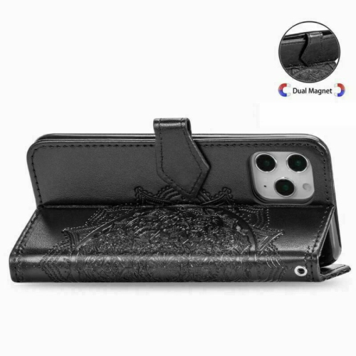 MyCase Wallet Case Emboss Mandala Flower Pattern Flip Case PU Leather Magnetic Kickstand Cover with Card Slots Shockproof Protective Cover for iPhone