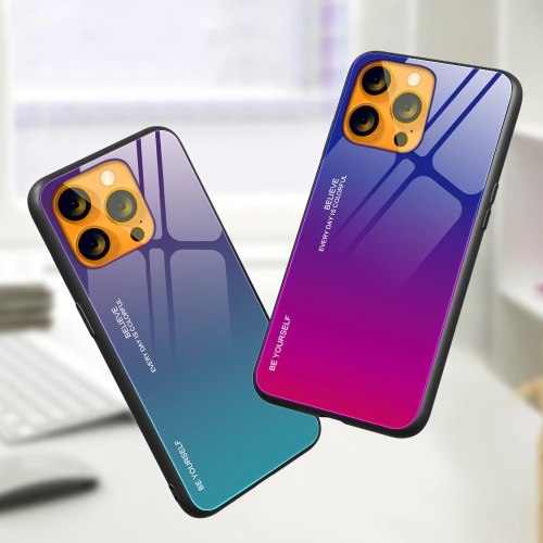 RIVIERA Scratch Resistant Gradient Color Phone Case Anti-fall Tempered Glass Case for iPhone 13 -Purple and Green