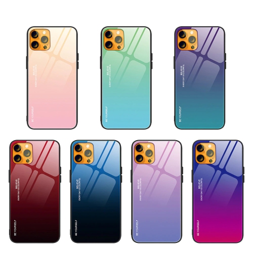 RIVIERA Scratch Resistant Gradient Color Phone Case Anti-fall Tempered Glass Case for iPhone 13 -Purple and Green