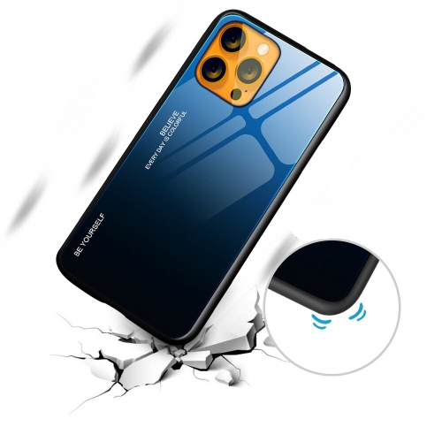 RIVIERA Scratch Resistant Gradient Color Phone Case Anti-fall Tempered Glass Case for iPhone 13 -Pink and Blue