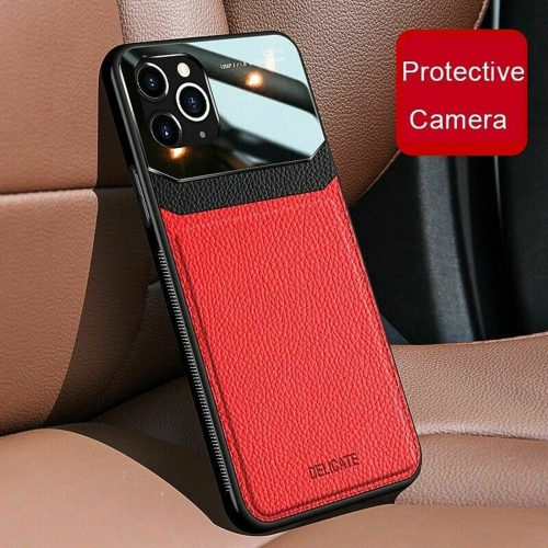 DELFIN Leather Case Anti Slide Camera Protection Shockproof cover Plexiglass Bumper Phone Case Slim Cover for iPhone 13 -Red