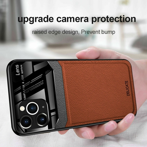 DELFIN  Leather Case Anti Slide Camera Protection Shockproof Cover Plexiglass Bumper Phone Case Slim Cover for Iphone 13 Pro Max -Brown