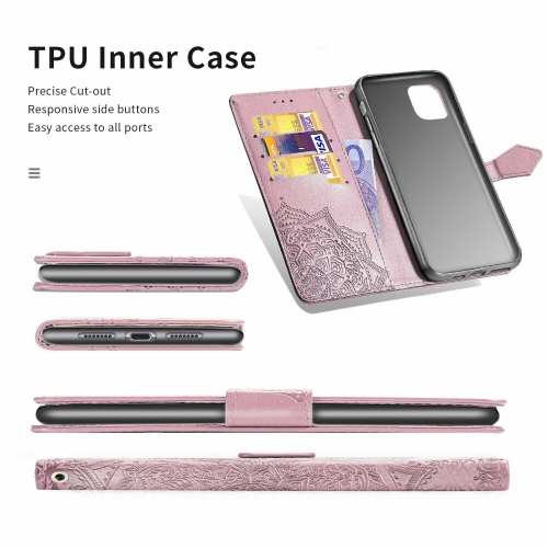 MyCase Wallet Case Emboss Mandala Flower Pattern Flip Case PU Leather Magnetic Kickstand Cover with Card Slots Shockproof Protective Cover for iPhone