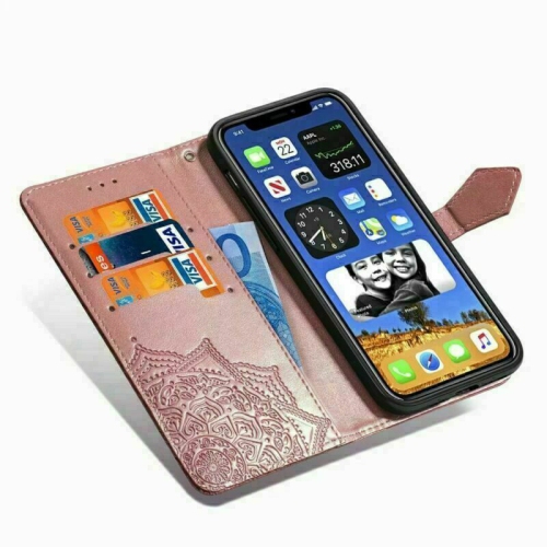 MyCase Wallet Case Emboss Mandala Flower Pattern Flip Case PU Leather Magnetic Kickstand Cover with Card Slots Shockproof Protective Cover for iPhone