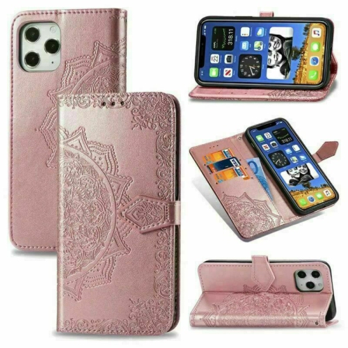 MyCase Wallet Case Emboss Mandala Flower Pattern Flip Case PU Leather Magnetic Kickstand Cover with Card Slots Shockproof Protective Cover for iPhone