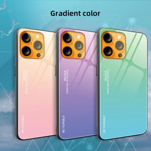 RIVIERA Scratch Resistant Gradient Color Phone Case Anti-fall Tempered Glass Case for iPhone 13 -Pink and Purple