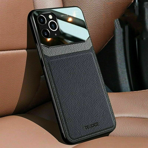 DELFIN Leather Case Anti Slide Camera Protection Shockproof cover Plexiglass Bumper Phone Case Slim Cover for iPhone 13 -Black