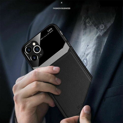 DELFIN Leather Case Anti Slide Camera Protection Shockproof cover Plexiglass Bumper Phone Case Slim Cover for iPhone 13 -Black