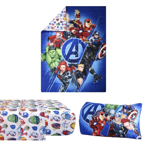 Literie pour enfants Marvel Avengers avec couvre-lit réversible lit simple dans un sac 4 pièces ensemble pour enfants