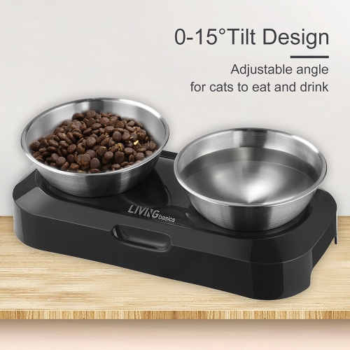 Elevated Dog Cat Bowls 15°Tilted Raised Cat Food and Water Bowls,With Anti Slip Stand and 2 Stainless Steel Dog Bowls For Cats, Dogs and Pets