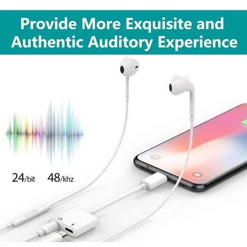 2 in 1 Dual Lightning Adapter & Splitter, Replacement iPhone Dongle Converter Cable Headphone Music+Charge+Call+Volume Control Compatible for iPhone