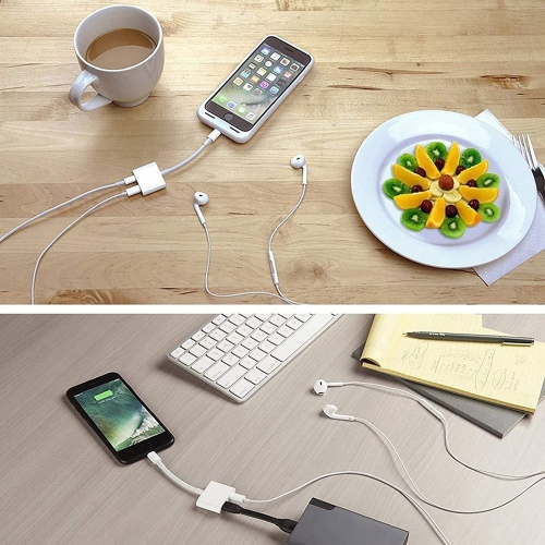 2 in 1 Dual Lightning Adapter & Splitter, Replacement iPhone Dongle Converter Cable Headphone Music+Charge+Call+Volume Control Compatible for iPhone