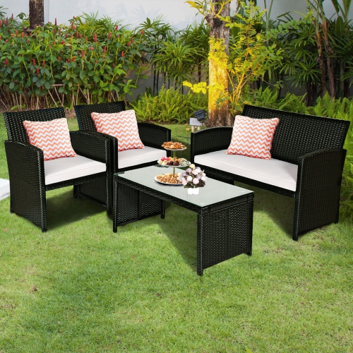 TOPBUY  4 Piece Outdoor Patio Rattan Furniture Set Wicker Cushioned Seat for Garden, Porch, Lawn In Black