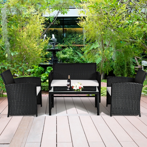 Topbuy 4 Piece Outdoor Patio Rattan Furniture Set Black Wicker Cushioned Seat For Garden, porch, Lawn