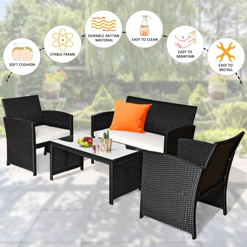 Topbuy 4 Piece Outdoor Patio Rattan Furniture Set Black Wicker Cushioned Seat For Garden, porch, Lawn