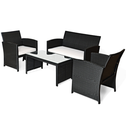 Topbuy 4 Piece Outdoor Patio Rattan Furniture Set Black Wicker Cushioned Seat For Garden, porch, Lawn