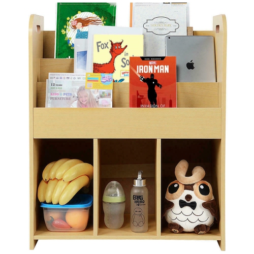 Kids Bookcase Display Bookshelf Stand 3-Tier with 3 Storage Bottom Compartments and Easy Move Handles