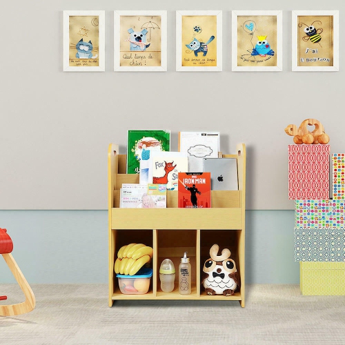 Kids Bookcase Display Bookshelf Stand 3-Tier with 3 Storage Bottom Compartments and Easy Move Handles