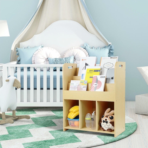 Kids Bookcase Display Bookshelf Stand 3-Tier with 3 Storage Bottom Compartments and Easy Move Handles