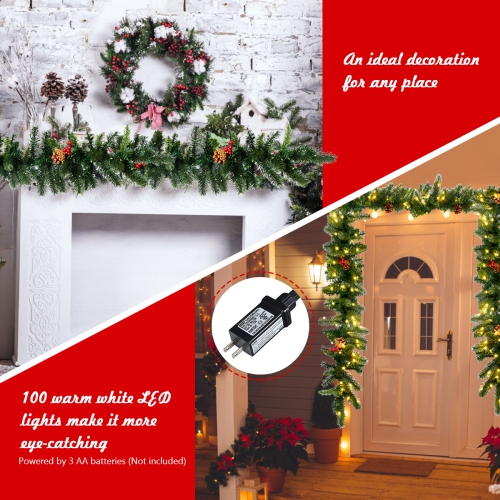 Topbuy 9FT Pre-lit Pine Christmas Garland Artificial Christmas Decoration Rattan with 100 LED Lights