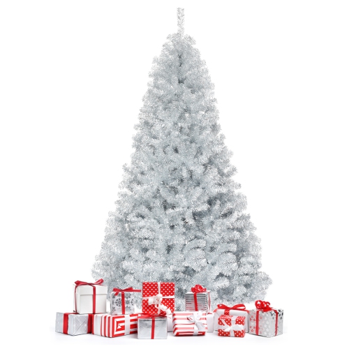 TOPBUY  7.5Ft Hinged Artificial Tinsel Christmas Tree With Metal Stand In Silver