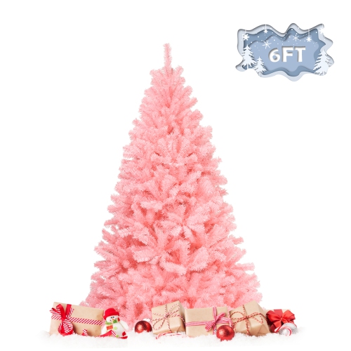 TOPBUY  6Ft Artificial Christmas Tree Hinged Spruce Full Tree With Metal Stand In Pink