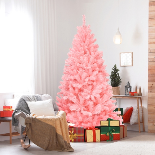Topbuy 6Ft Artificial Christmas Tree Hinged Spruce Full Tree with Metal Stand Pink