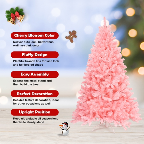 Topbuy 6Ft Artificial Christmas Tree Hinged Spruce Full Tree with Metal Stand Pink