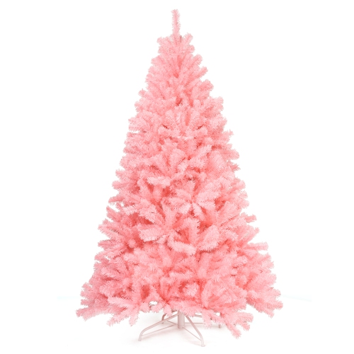 Topbuy 6Ft Artificial Christmas Tree Hinged Spruce Full Tree with Metal Stand Pink