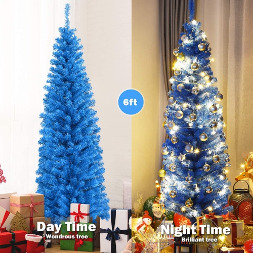 Topbuy 6FT Blue Tinsel Artificial Pencil Christmas Tree W/ Sturdy Metal Stand Seasonal Holiday Decoration for Home, Party