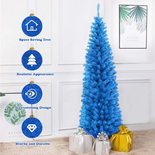 Topbuy 6FT Blue Tinsel Artificial Pencil Christmas Tree W/ Sturdy Metal Stand Seasonal Holiday Decoration for Home, Party