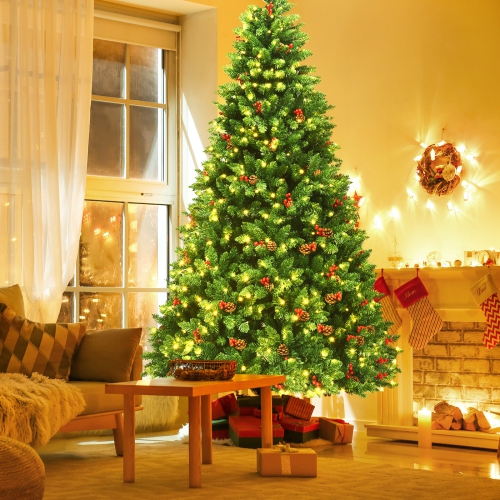 Topbuy 7.5FT Christmas Tree Pre-Lit Hinged Artificial Xmas Tree with Sturdy Metal Stand