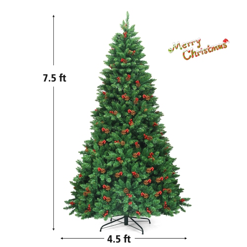 Topbuy 7.5FT Christmas Tree Pre-Lit Hinged Artificial Xmas Tree with Sturdy Metal Stand
