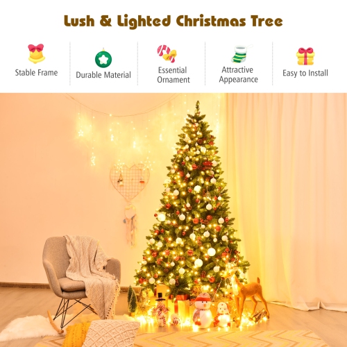 Topbuy 7.5FT Christmas Tree Pre-Lit Hinged Artificial Xmas Tree with Sturdy Metal Stand