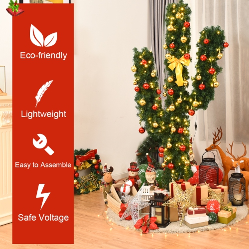 Topbuy 7' Artificial Cactus Christmas Tree Pre-Lit Optical Fiber w/ LED Lights & Ball Ornaments