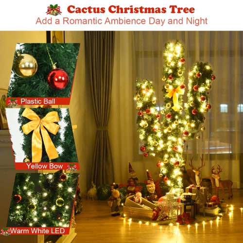 Topbuy 7' Artificial Cactus Christmas Tree Pre-Lit Optical Fiber w/ LED Lights & Ball Ornaments