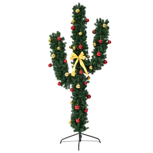 Topbuy 7' Artificial Cactus Christmas Tree Pre-Lit Optical Fiber w/ LED Lights & Ball Ornaments