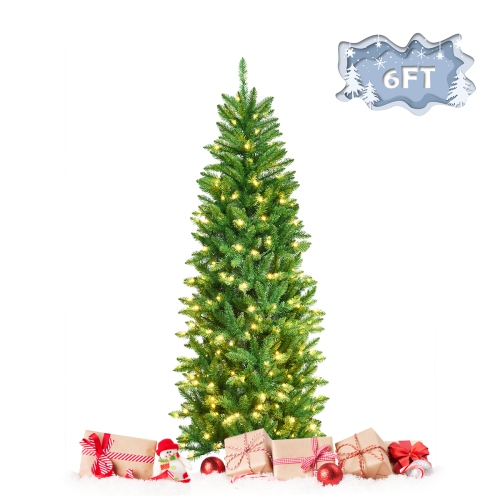 TOPBUY  5Ft/6Ft/7Ft Pre-Lit Hinged Artificial Pencil Fir Christmas Tree With Ul-Listed Lights