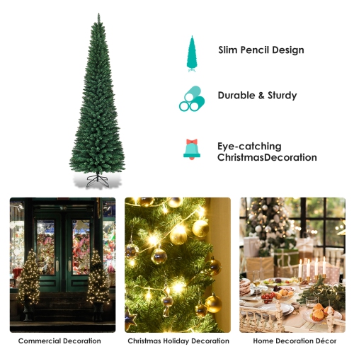 Topbuy 7' Pencil Christmas Tree PVC Artificial Slim Tree w/ Metal Stand Home Holiday Decor Green