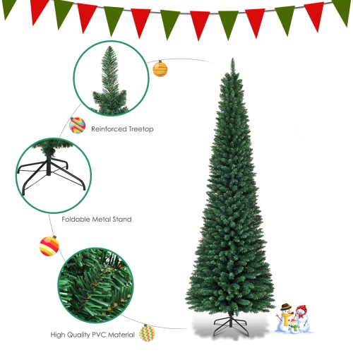 Topbuy 7' Pencil Christmas Tree PVC Artificial Slim Tree w/ Metal Stand Home Holiday Decor Green