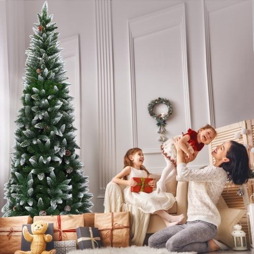 Topbuy 6' Artificial Pencil Christmas Tree Snow Flocked Tree w/ Pine Cones and Metal stand