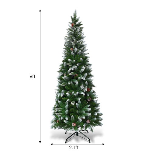 Topbuy 6' Artificial Pencil Christmas Tree Snow Flocked Tree w/ Pine Cones and Metal stand