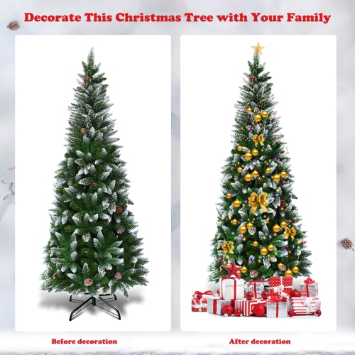 Topbuy 6' Artificial Pencil Christmas Tree Snow Flocked Tree w/ Pine Cones and Metal stand