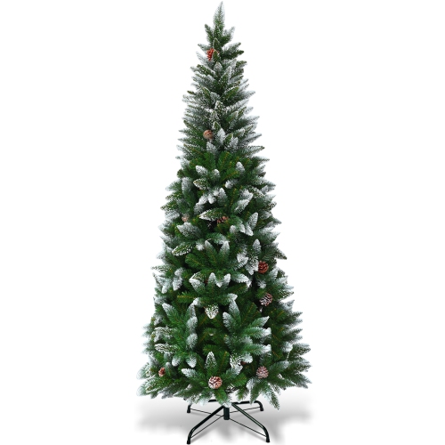 Topbuy 6' Artificial Pencil Christmas Tree Snow Flocked Tree w/ Pine Cones and Metal stand
