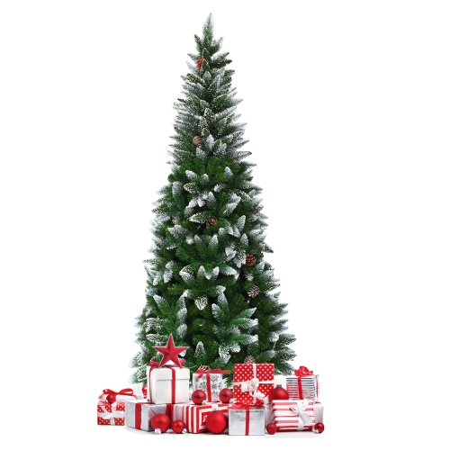 TOPBUY  5' Artificial Pencil Christmas Tree Snow Flocked Tree W/ Pine Cones And Metal Stand